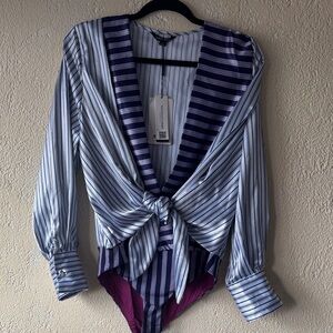 HAODOUYI Blue and Purple Striped V-Neck Bodysuit